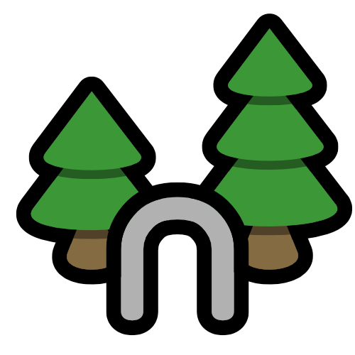 a grey archway and two conifer trees.